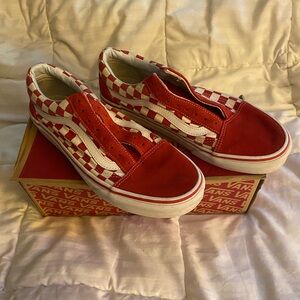 Vans Old Skool Checkerboard Red Suede Toe-Heel, Womens 9.5 Mens Sz 8